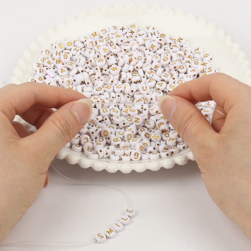 Xilitata 600pcs Acrylic Letter Beads Alphabet Gold Letters White Round Bead  4x7mm  for Friendship Bracelets and Gifts Souvenir Jewelry Making - Image 4